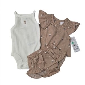 ​NWT Carter's Just One You Newborn Girl 3pc Tan Floral Gauze & Ribbed Set